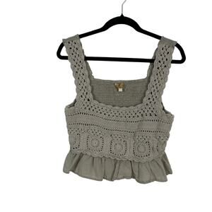 Rebellion Again Crochet Knit Top Gray Boho Vacation Indie L